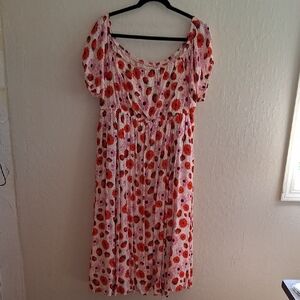 Retro Chic Pink Midi Dress with Red Floral Motif